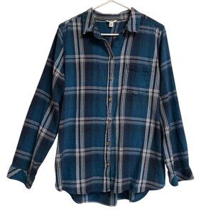 Women's SONOMA Soft Cotton / Rayon Button-Up Long-Sleeve Shirt TEAL Plaid Sz XL